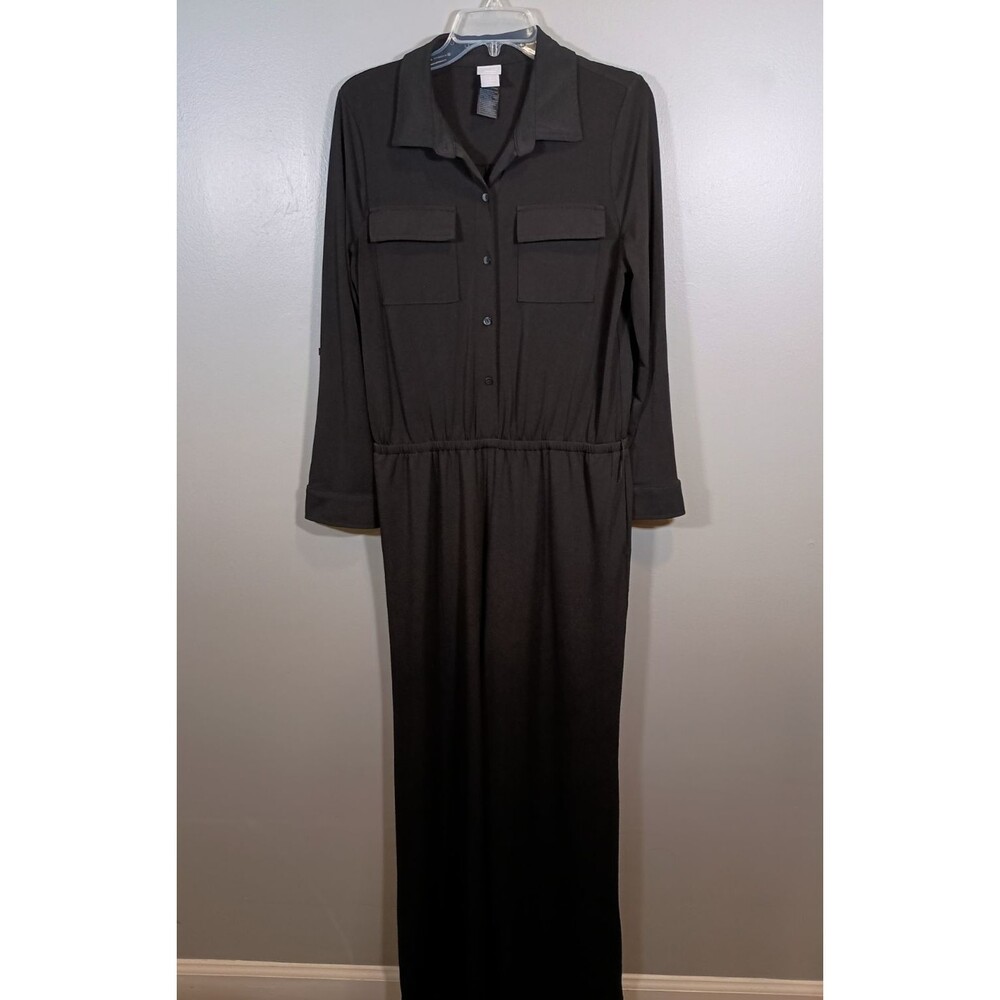 Chicos Collared Black Roll Tab Sleeve Wide Leg Travelers Jumpsuit 1 Size 8 / 10